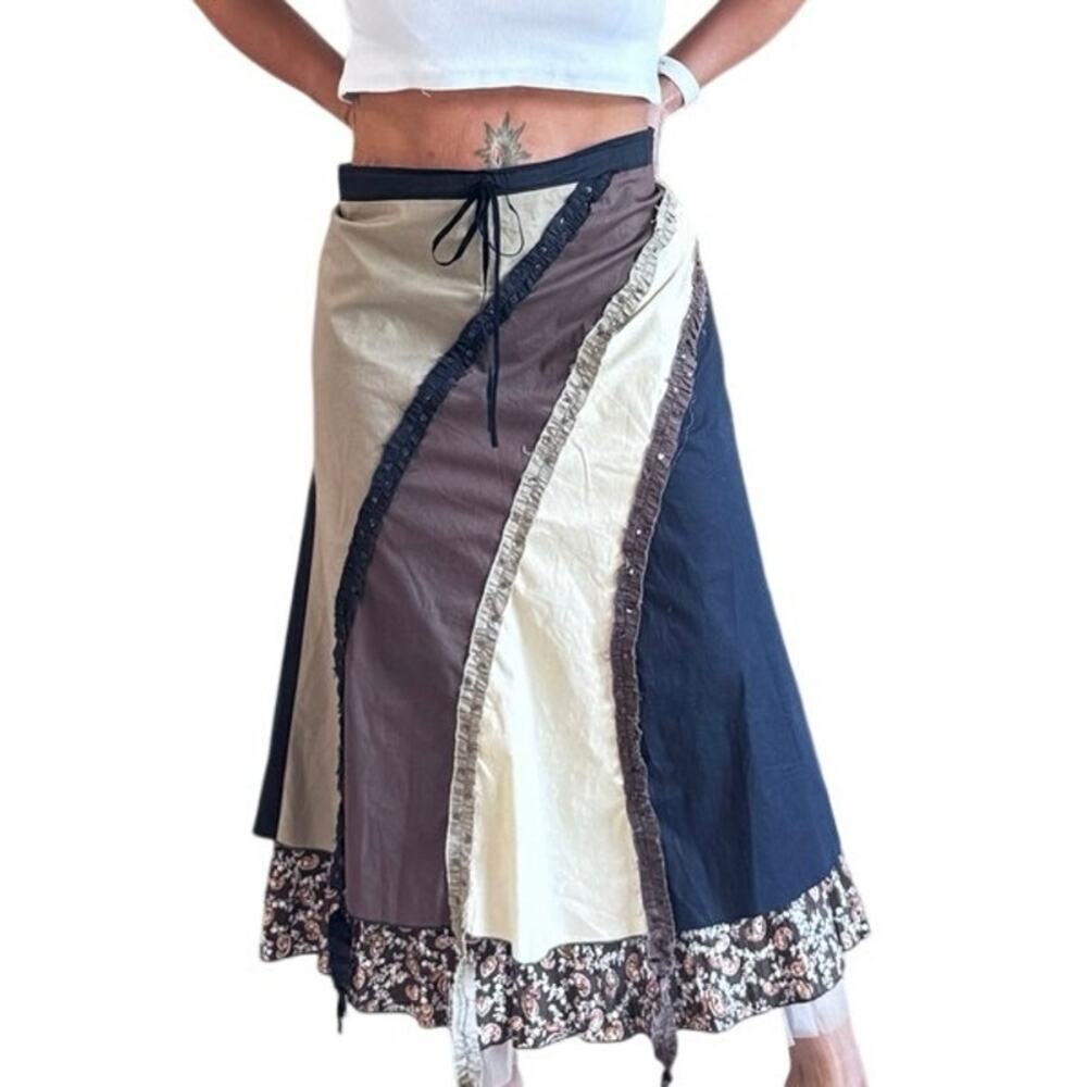 Ceres Patchwork Midi Skirt Bohemian Y2K Western Linen Blend Earth Tone L